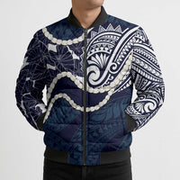 Aloha Hawaii Kalo Pikake Lei Bomber Puffer Jacket Chest Tattoo Oxford Blue Hawaiian Pattern