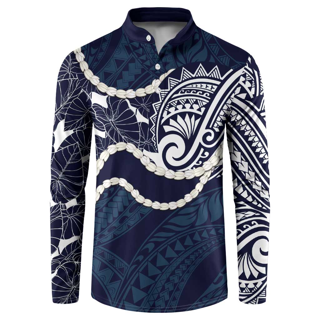 Aloha Hawaii Kalo Pikake Lei Button Sweatshirt Chest Tattoo Oxford Blue Hawaiian Pattern LT14 Oxford Blue - Polynesian Pride