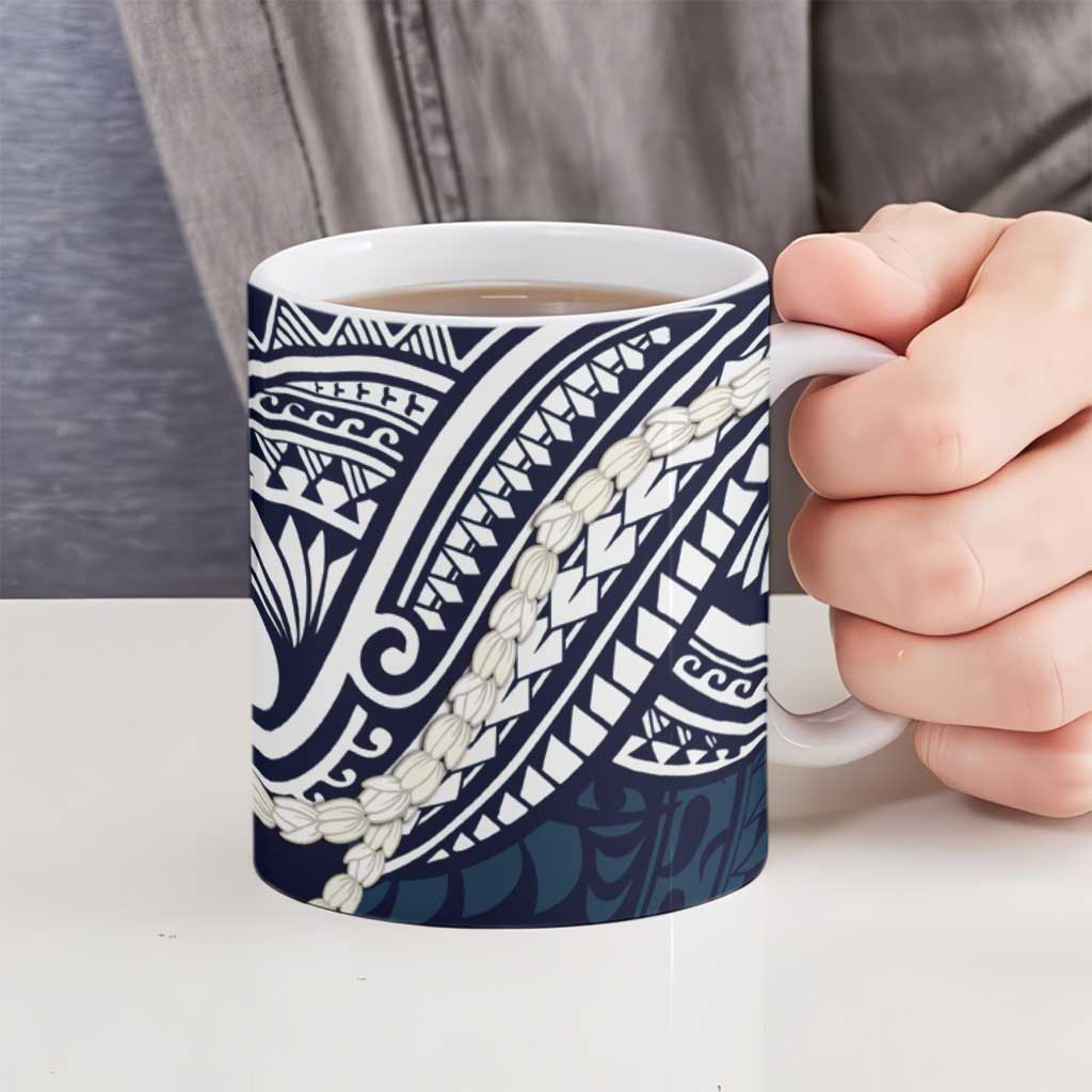 Aloha Hawaii Kalo Pikake Lei Ceramic Mug Chest Tattoo Oxford Blue Hawaiian Pattern