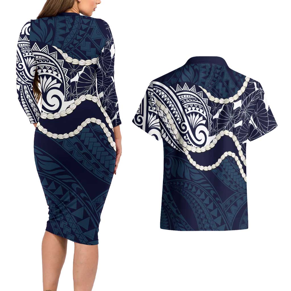 Aloha Hawaii Kalo Pikake Lei Couples Matching Long Sleeve Bodycon Dress and Hawaiian Shirt Chest Tattoo Oxford Blue Hawaiian Pattern