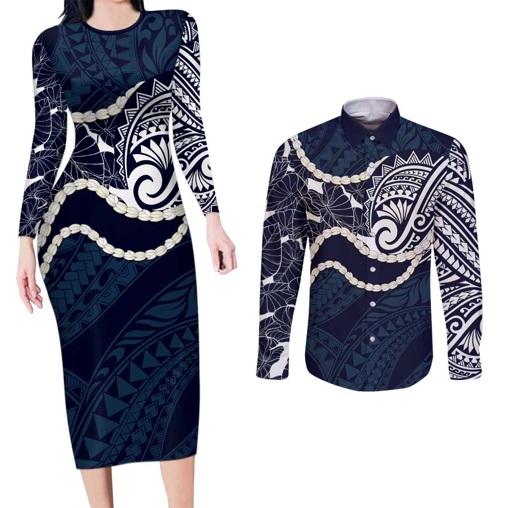 Aloha Hawaii Kalo Pikake Lei Couples Matching Long Sleeve Bodycon Dress and Long Sleeve Button Shirt Chest Tattoo Oxford Blue Hawaiian Pattern