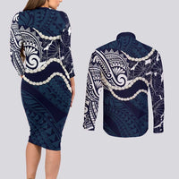 Aloha Hawaii Kalo Pikake Lei Couples Matching Long Sleeve Bodycon Dress and Long Sleeve Button Shirt Chest Tattoo Oxford Blue Hawaiian Pattern