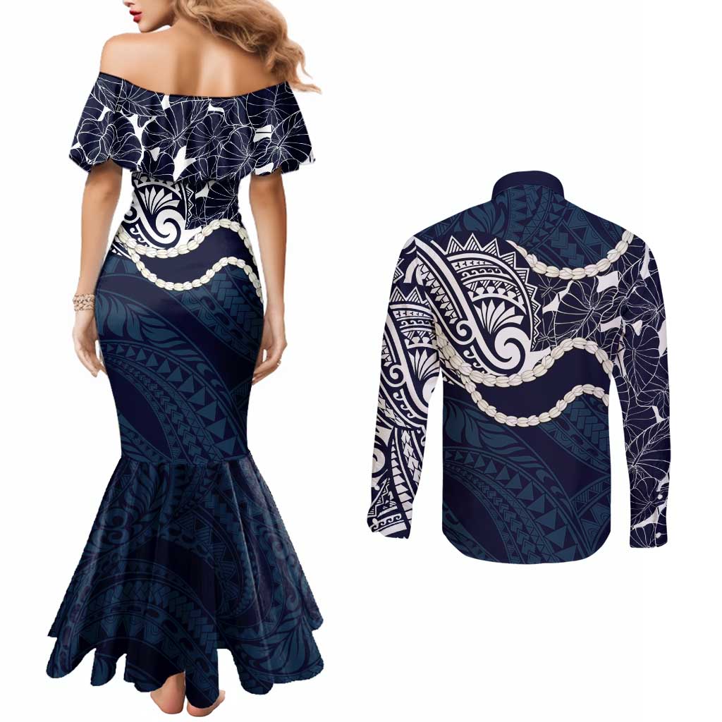 Aloha Hawaii Kalo Pikake Lei Couples Matching Mermaid Dress and Long Sleeve Button Shirt Chest Tattoo Oxford Blue Hawaiian Pattern