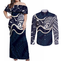 Aloha Hawaii Kalo Pikake Lei Couples Matching Off Shoulder Maxi Dress and Long Sleeve Button Shirt Chest Tattoo Oxford Blue Hawaiian Pattern LT14 Oxford Blue - Polynesian Pride