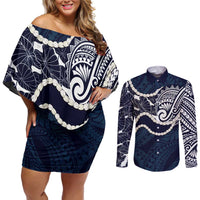 Aloha Hawaii Kalo Pikake Lei Couples Matching Off Shoulder Short Dress and Long Sleeve Button Shirt Chest Tattoo Oxford Blue Hawaiian Pattern LT14 Oxford Blue - Polynesian Pride