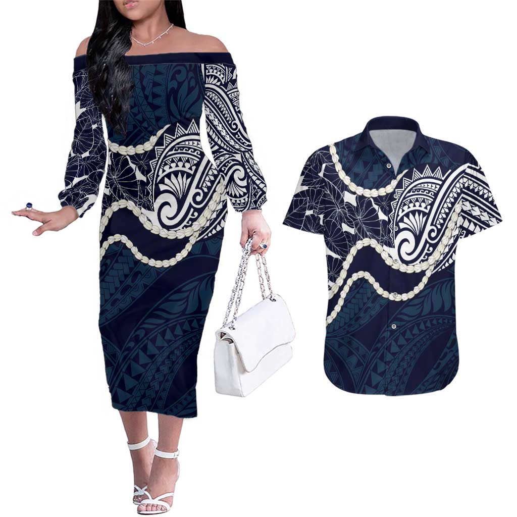 Aloha Hawaii Kalo Pikake Lei Couples Matching Off The Shoulder Long Sleeve Dress and Hawaiian Shirt Chest Tattoo Oxford Blue Hawaiian Pattern LT14 Oxford Blue - Polynesian Pride