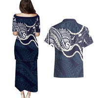 Aloha Hawaii Kalo Pikake Lei Couples Matching Puletasi and Hawaiian Shirt Chest Tattoo Oxford Blue Hawaiian Pattern LT14 - Polynesian Pride