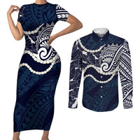 Aloha Hawaii Kalo Pikake Lei Couples Matching Short Sleeve Bodycon Dress and Long Sleeve Button Shirt Chest Tattoo Oxford Blue Hawaiian Pattern