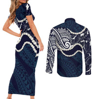 Aloha Hawaii Kalo Pikake Lei Couples Matching Short Sleeve Bodycon Dress and Long Sleeve Button Shirt Chest Tattoo Oxford Blue Hawaiian Pattern