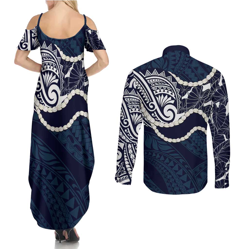 Aloha Hawaii Kalo Pikake Lei Couples Matching Summer Maxi Dress and Long Sleeve Button Shirt Chest Tattoo Oxford Blue Hawaiian Pattern LT14 - Polynesian Pride