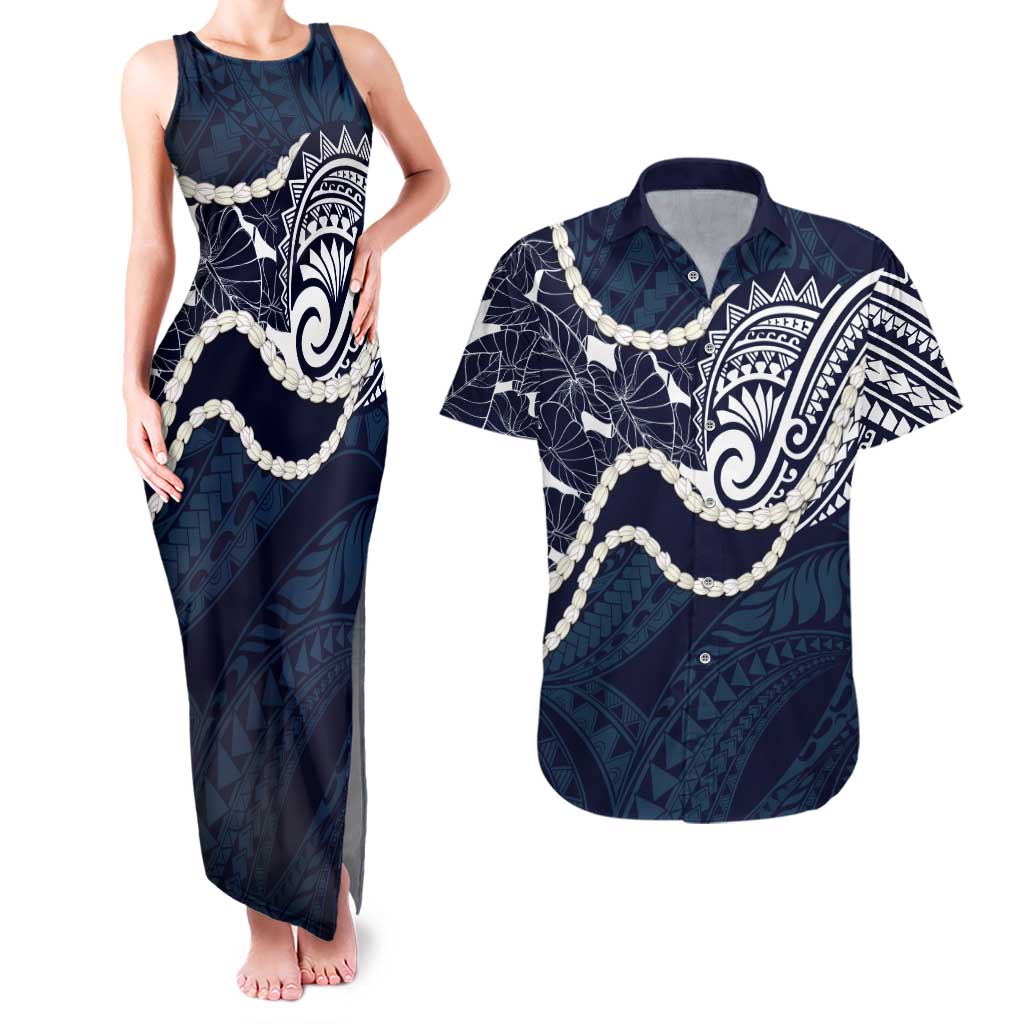 Aloha Hawaii Kalo Pikake Lei Couples Matching Tank Maxi Dress and Hawaiian Shirt Chest Tattoo Oxford Blue Hawaiian Pattern