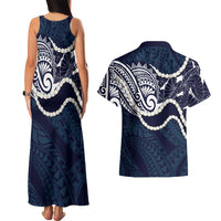 Aloha Hawaii Kalo Pikake Lei Couples Matching Tank Maxi Dress and Hawaiian Shirt Chest Tattoo Oxford Blue Hawaiian Pattern