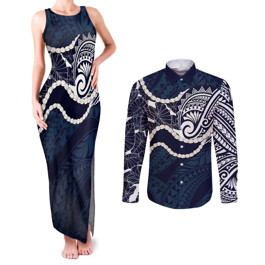 Aloha Hawaii Kalo Pikake Lei Couples Matching Tank Maxi Dress and Long Sleeve Button Shirt Chest Tattoo Oxford Blue Hawaiian Pattern LT14 Oxford Blue - Polynesian Pride