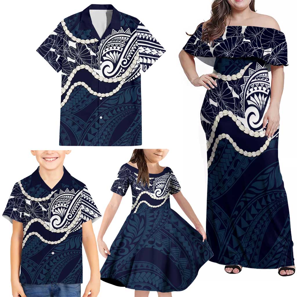 Aloha Hawaii Kalo Pikake Lei Family Matching Off Shoulder Maxi Dress and Hawaiian Shirt Chest Tattoo Oxford Blue Hawaiian Pattern
