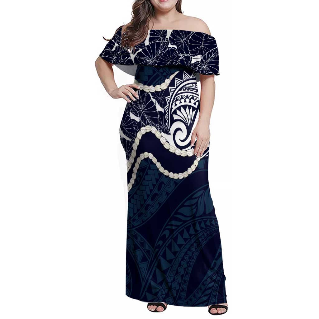 Aloha Hawaii Kalo Pikake Lei Family Matching Off Shoulder Maxi Dress and Hawaiian Shirt Chest Tattoo Oxford Blue Hawaiian Pattern LT14 Mom's Dress Oxford Blue - Polynesian Pride