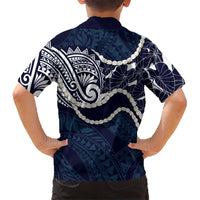 Aloha Hawaii Kalo Pikake Lei Family Matching Off Shoulder Short Dress and Hawaiian Shirt Chest Tattoo Oxford Blue Hawaiian Pattern LT14 - Polynesian Pride