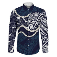 Aloha Hawaii Kalo Pikake Lei Family Matching Off Shoulder Short Dress and Hawaiian Shirt Chest Tattoo Oxford Blue Hawaiian Pattern LT14 Dad's Shirt - Long Sleeve Oxford Blue - Polynesian Pride
