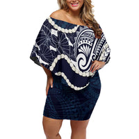 Aloha Hawaii Kalo Pikake Lei Family Matching Off Shoulder Short Dress and Hawaiian Shirt Chest Tattoo Oxford Blue Hawaiian Pattern LT14 Mom's Dress Oxford Blue - Polynesian Pride