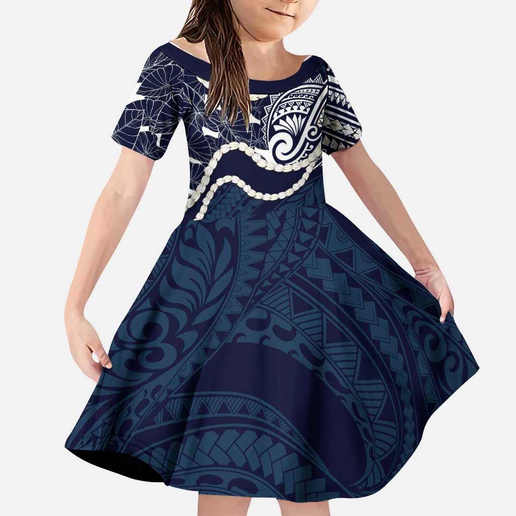 Aloha Hawaii Kalo Pikake Lei Family Matching Puletasi and Hawaiian Shirt Chest Tattoo Oxford Blue Hawaiian Pattern LT14 Daughter's Dress Oxford Blue - Polynesian Pride