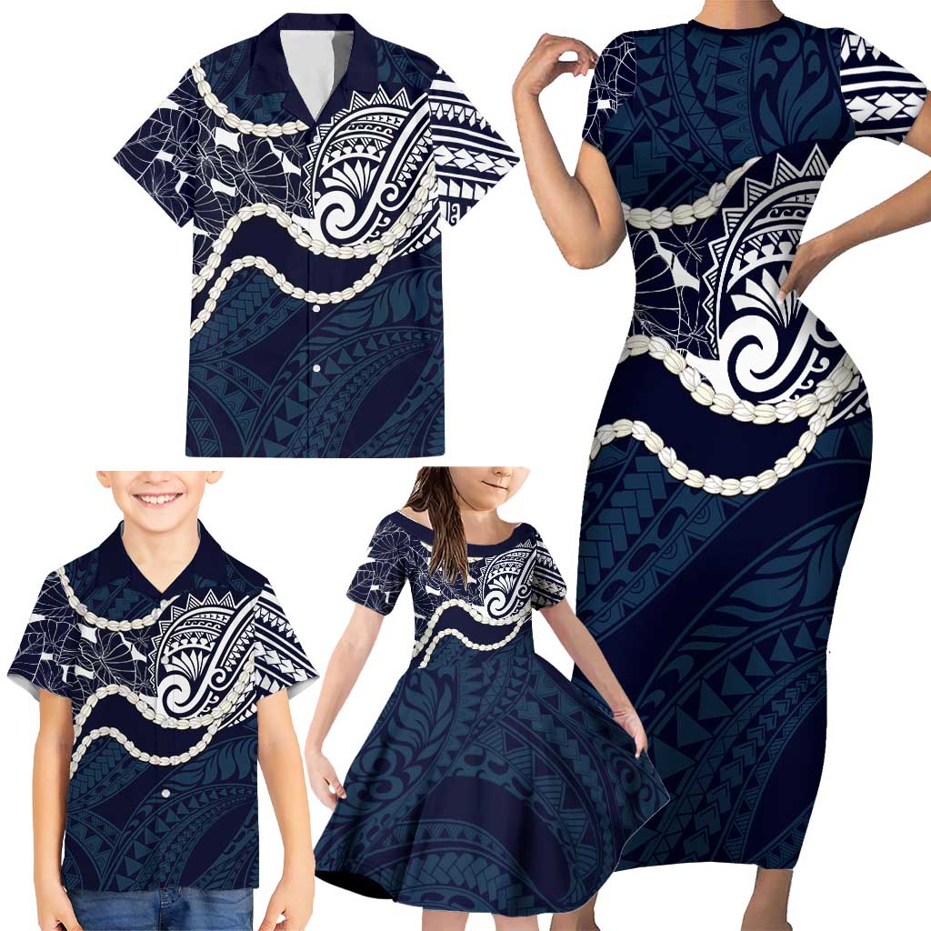 Aloha Hawaii Kalo Pikake Lei Family Matching Short Sleeve Bodycon Dress and Hawaiian Shirt Chest Tattoo Oxford Blue Hawaiian Pattern LT14 - Polynesian Pride