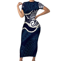 Aloha Hawaii Kalo Pikake Lei Family Matching Short Sleeve Bodycon Dress and Hawaiian Shirt Chest Tattoo Oxford Blue Hawaiian Pattern LT14 Mom's Dress Oxford Blue - Polynesian Pride