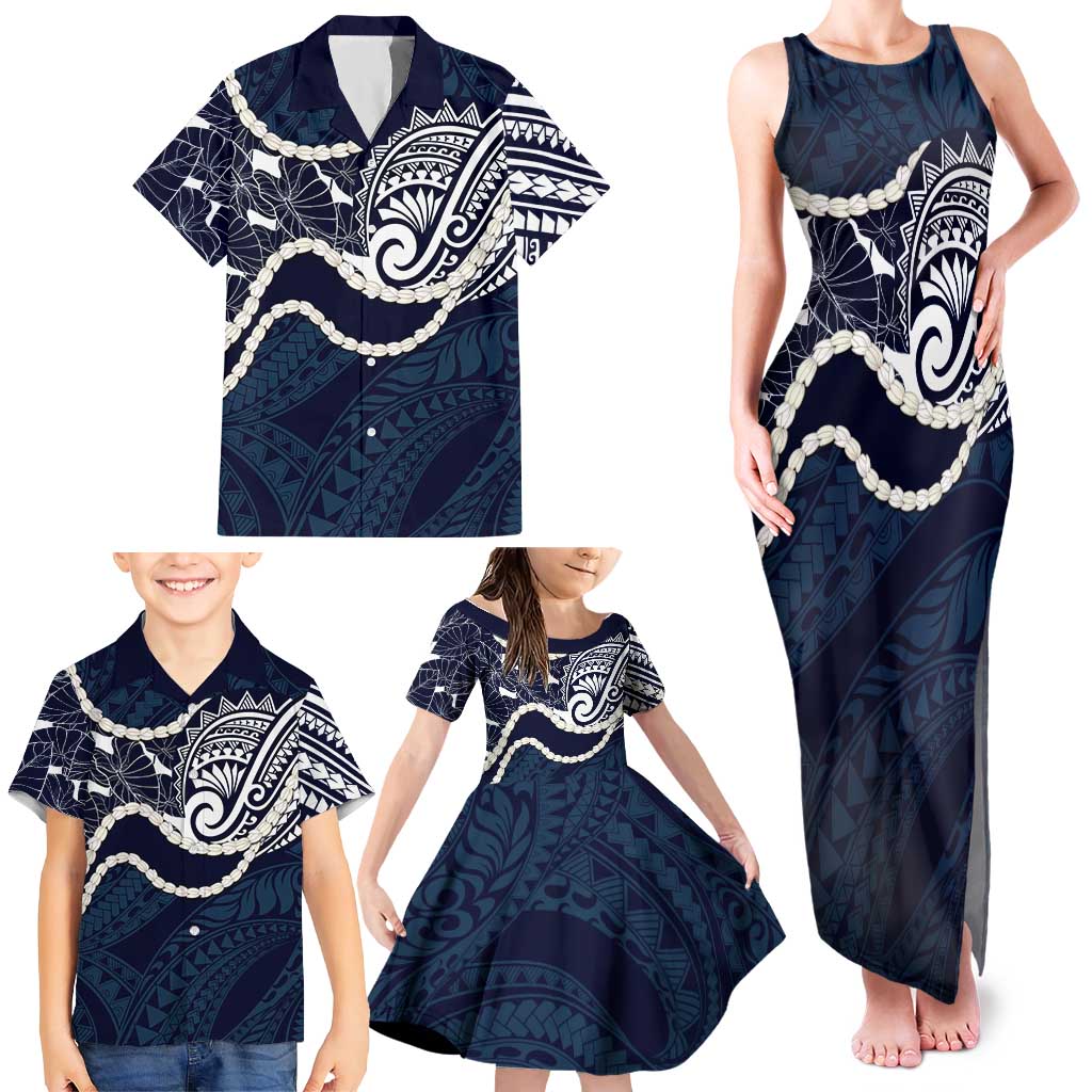 Aloha Hawaii Kalo Pikake Lei Family Matching Tank Maxi Dress and Hawaiian Shirt Chest Tattoo Oxford Blue Hawaiian Pattern LT14 - Polynesian Pride