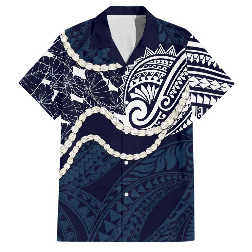 Aloha Hawaii Kalo Pikake Lei Family Matching Tank Maxi Dress and Hawaiian Shirt Chest Tattoo Oxford Blue Hawaiian Pattern LT14 Dad's Shirt - Short Sleeve Oxford Blue - Polynesian Pride