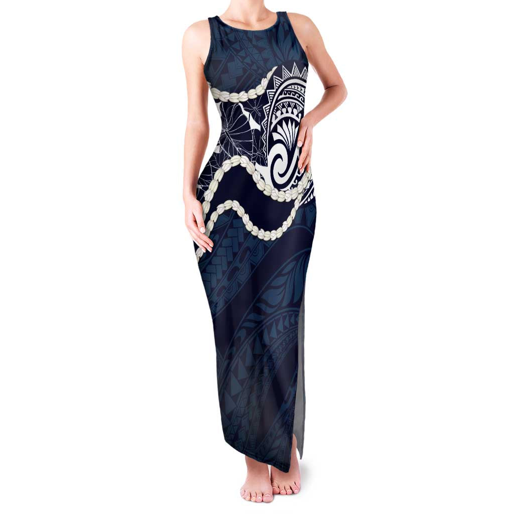 Aloha Hawaii Kalo Pikake Lei Family Matching Tank Maxi Dress and Hawaiian Shirt Chest Tattoo Oxford Blue Hawaiian Pattern LT14 Mom's Dress Oxford Blue - Polynesian Pride