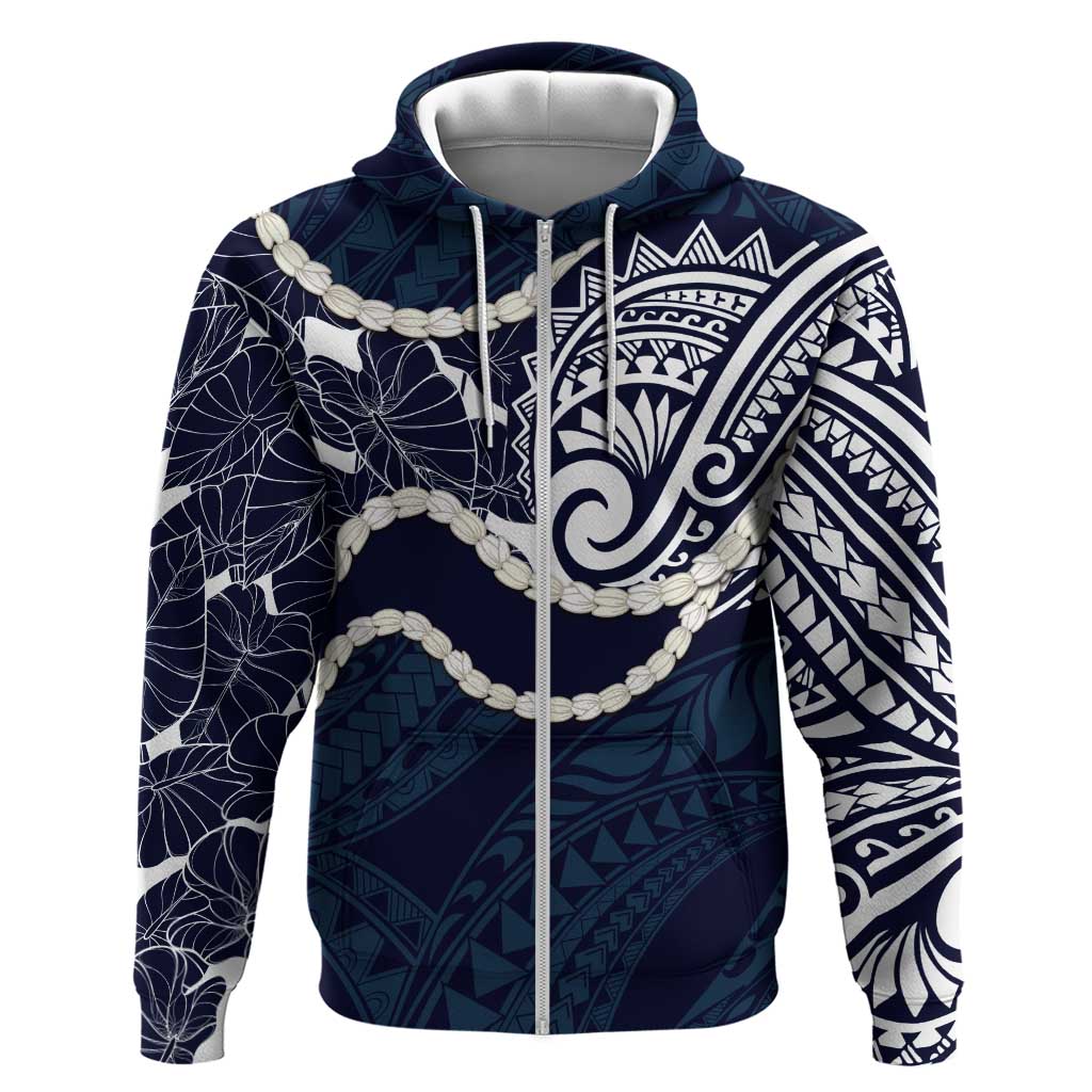 Aloha Hawaii Kalo Pikake Lei Hoodie Chest Tattoo Oxford Blue Hawaiian Pattern LT14 Zip Hoodie Oxford Blue - Polynesian Pride