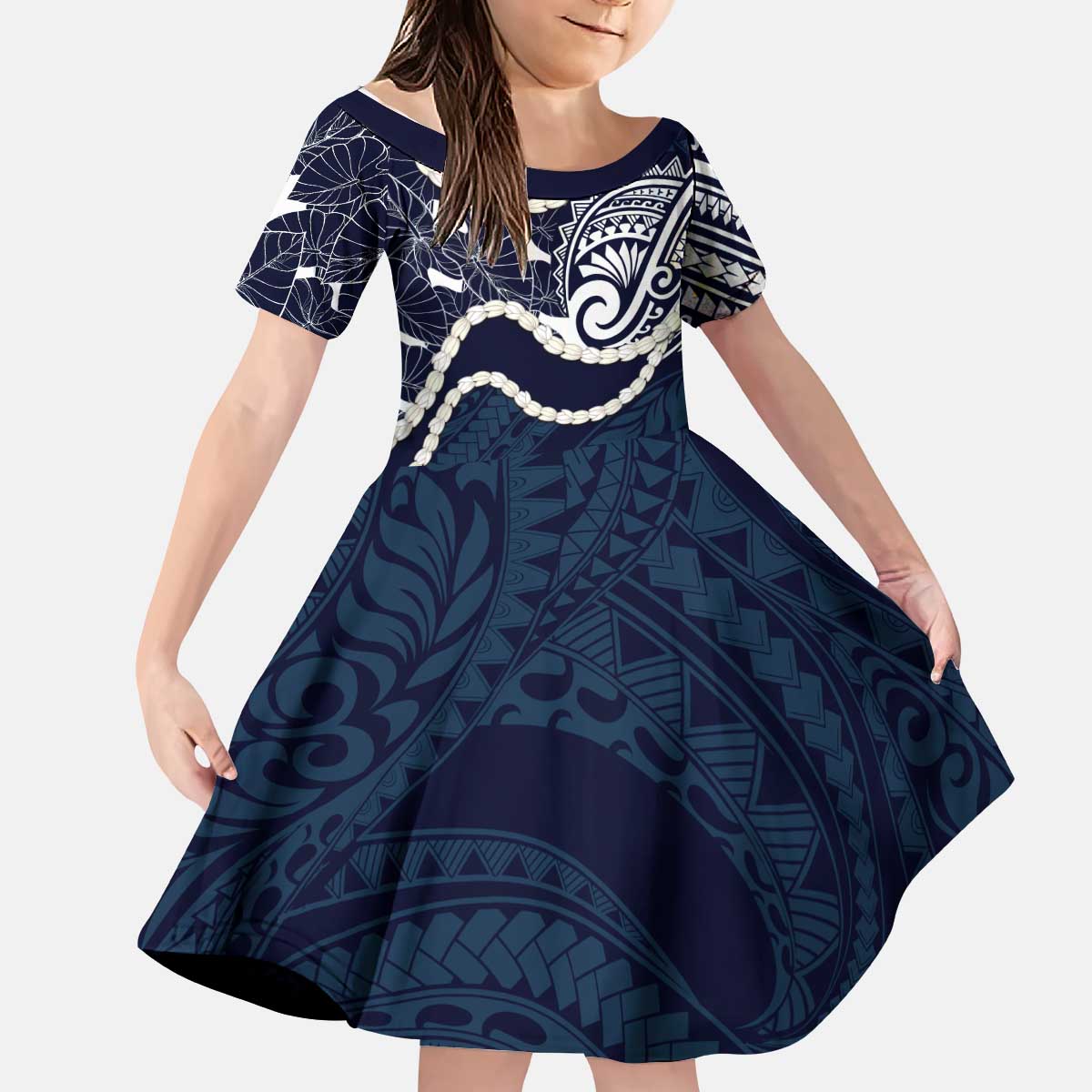 Aloha Hawaii Kalo Pikake Lei Kid Short Sleeve Dress Chest Tattoo Oxford Blue Hawaiian Pattern LT14 KID Oxford Blue - Polynesian Pride