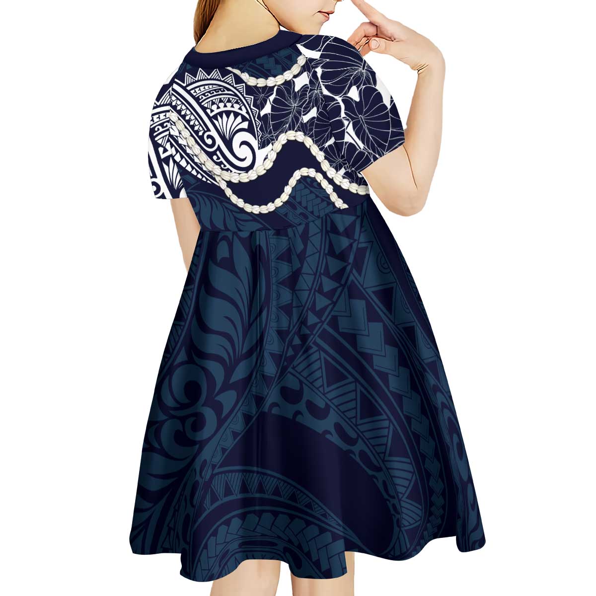Aloha Hawaii Kalo Pikake Lei Kid Short Sleeve Dress Chest Tattoo Oxford Blue Hawaiian Pattern LT14 - Polynesian Pride