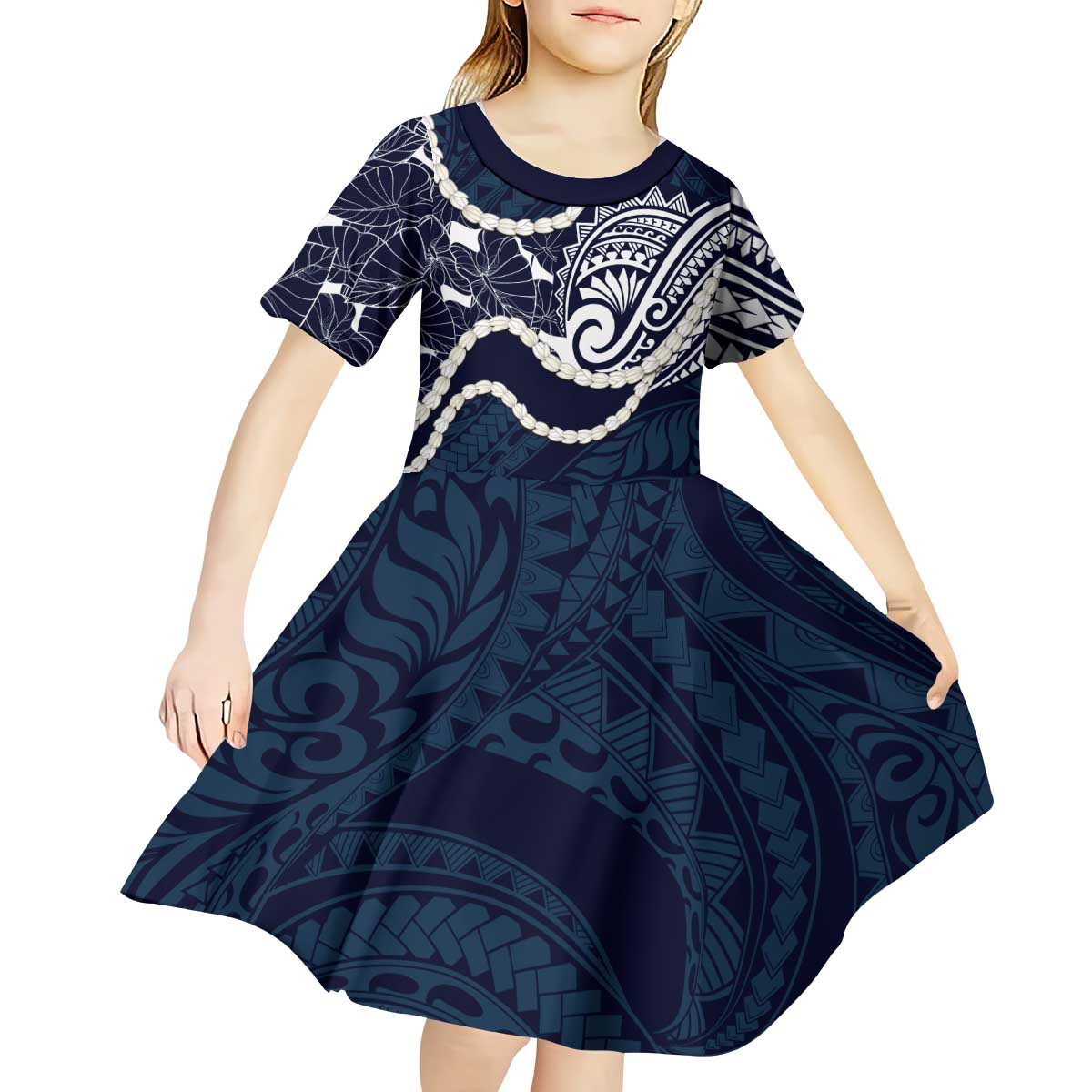 Aloha Hawaii Kalo Pikake Lei Kid Short Sleeve Dress Chest Tattoo Oxford Blue Hawaiian Pattern LT14 - Polynesian Pride