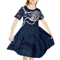Aloha Hawaii Kalo Pikake Lei Kid Short Sleeve Dress Chest Tattoo Oxford Blue Hawaiian Pattern LT14 - Polynesian Pride