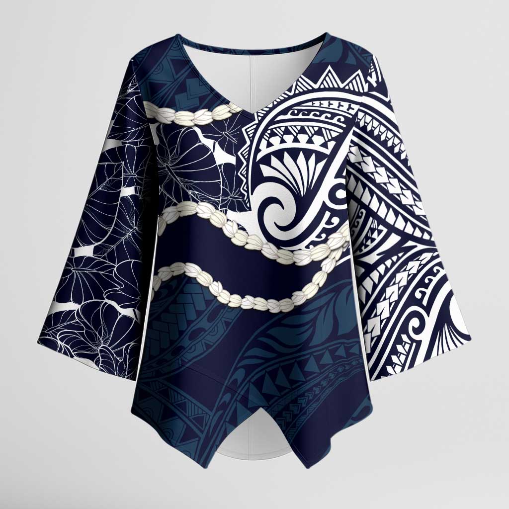 Aloha Hawaii Kalo Pikake Lei Kimono Sleeve Blouse Chest Tattoo Oxford Blue Hawaiian Pattern LT14 Female Oxford Blue - Polynesian Pride