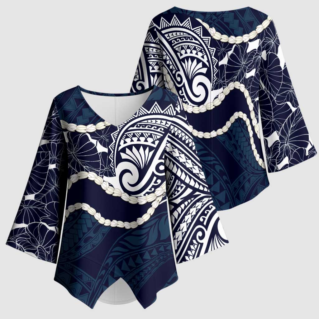 Aloha Hawaii Kalo Pikake Lei Kimono Sleeve Blouse Chest Tattoo Oxford Blue Hawaiian Pattern