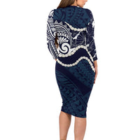 Aloha Hawaii Kalo Pikake Lei Long Sleeve Bodycon Dress Chest Tattoo Oxford Blue Hawaiian Pattern