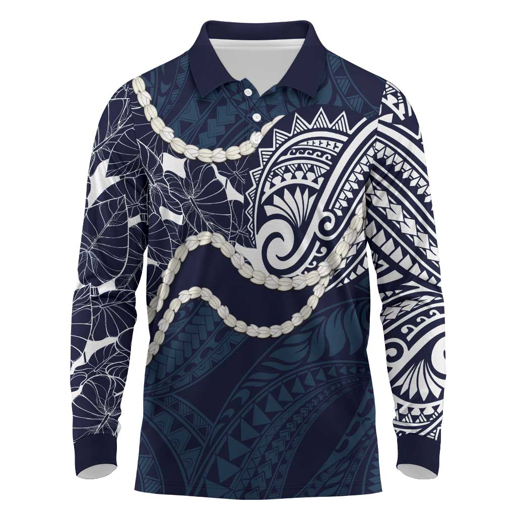 Aloha Hawaii Kalo Pikake Lei Long Sleeve Polo Shirt Chest Tattoo Oxford Blue Hawaiian Pattern LT14 Oxford Blue - Polynesian Pride