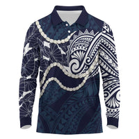 Aloha Hawaii Kalo Pikake Lei Long Sleeve Polo Shirt Chest Tattoo Oxford Blue Hawaiian Pattern LT14 Oxford Blue - Polynesian Pride