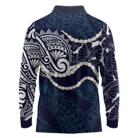 Aloha Hawaii Kalo Pikake Lei Long Sleeve Polo Shirt Chest Tattoo Oxford Blue Hawaiian Pattern LT14 - Polynesian Pride