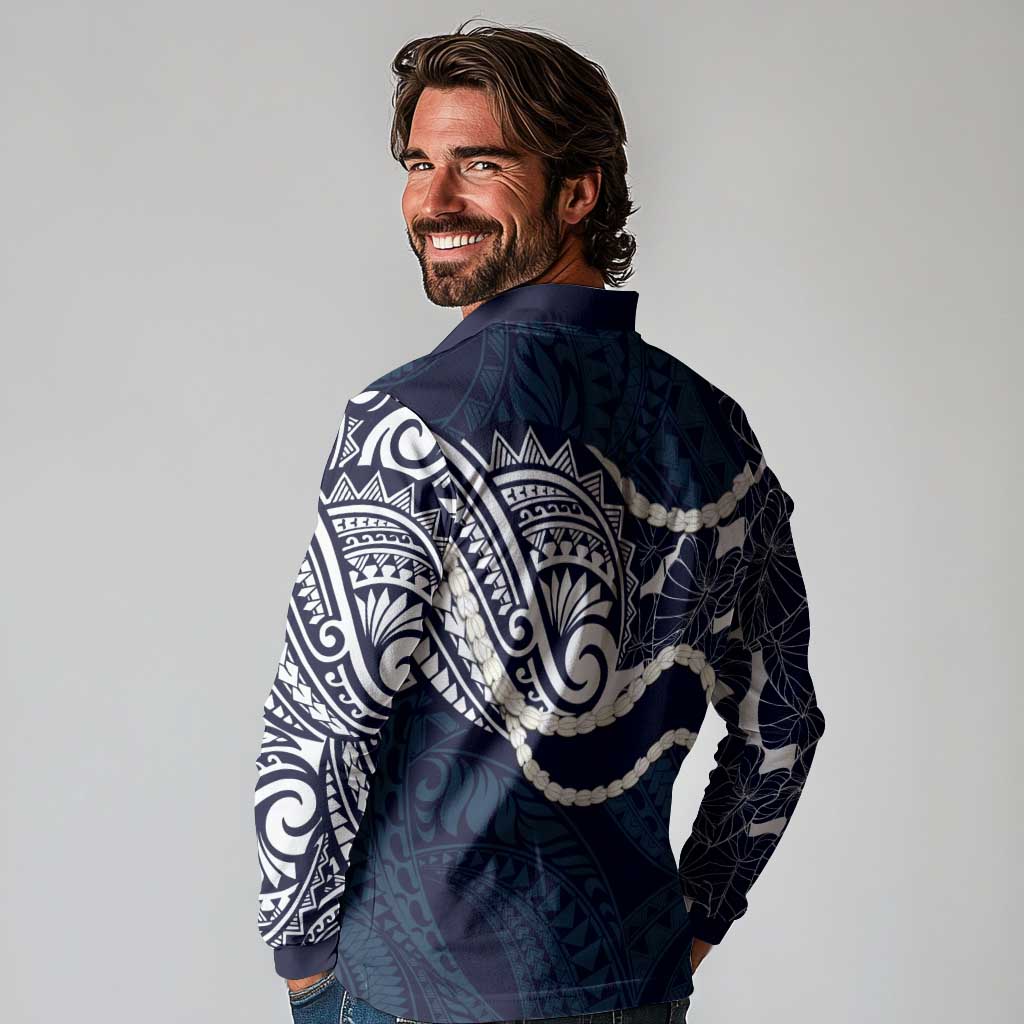 Aloha Hawaii Kalo Pikake Lei Long Sleeve Polo Shirt Chest Tattoo Oxford Blue Hawaiian Pattern LT14 - Polynesian Pride