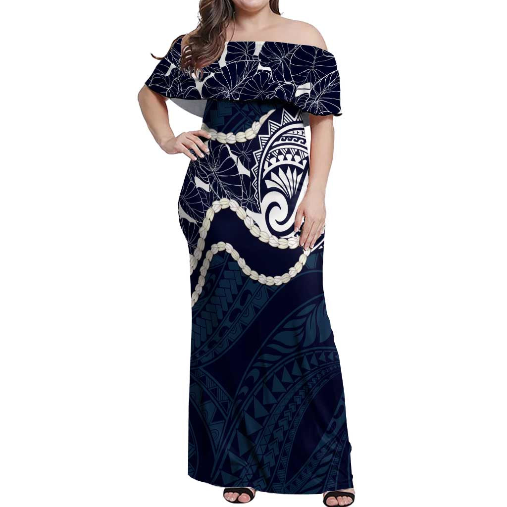 Aloha Hawaii Kalo Pikake Lei Off Shoulder Maxi Dress Chest Tattoo Oxford Blue Hawaiian Pattern LT14 Women Oxford Blue - Polynesian Pride