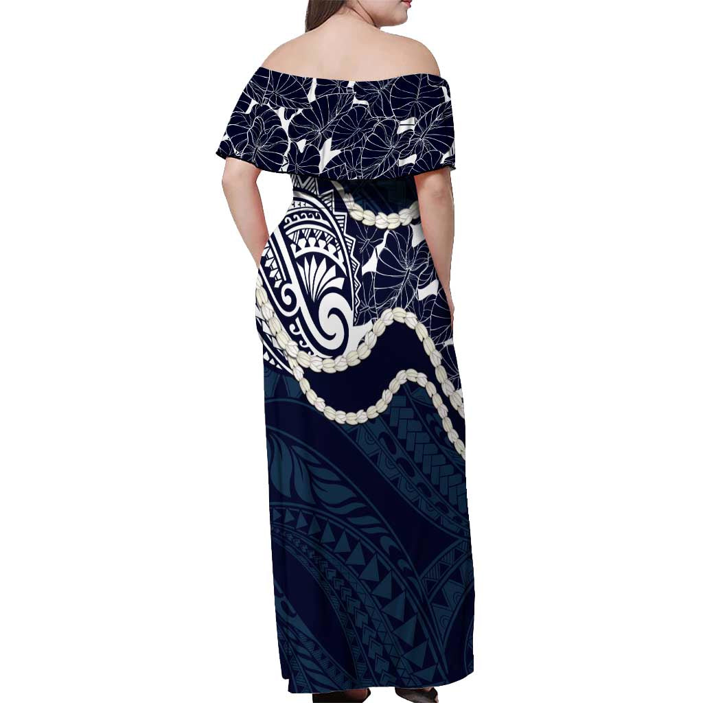 Aloha Hawaii Kalo Pikake Lei Off Shoulder Maxi Dress Chest Tattoo Oxford Blue Hawaiian Pattern LT14 - Polynesian Pride