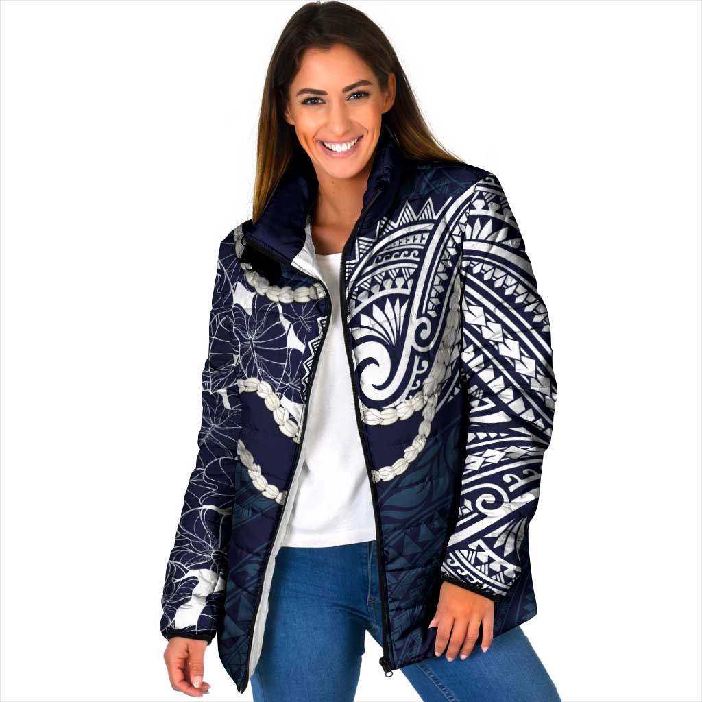 Aloha Hawaii Kalo Pikake Lei Padded Jacket Chest Tattoo Oxford Blue Hawaiian Pattern