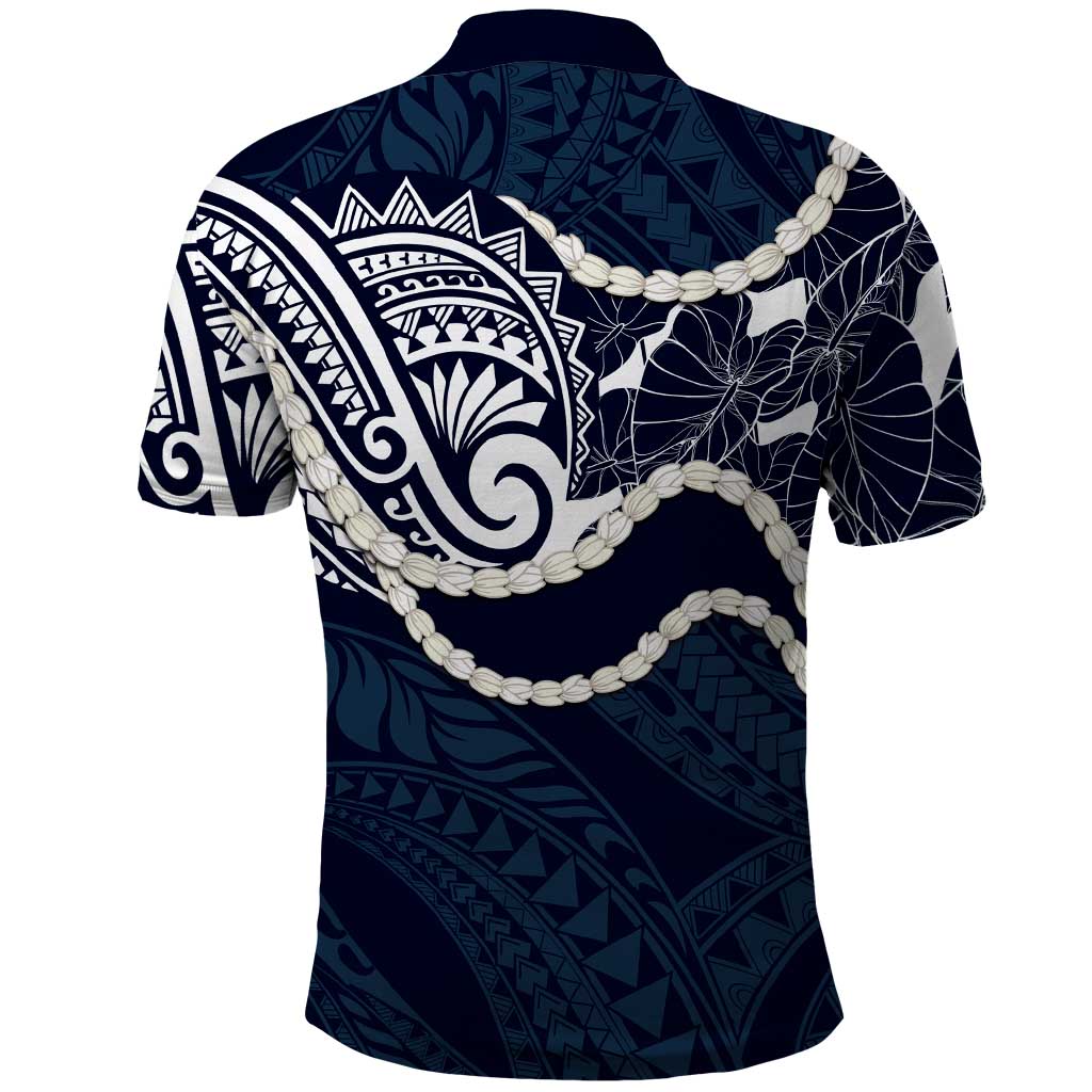 Aloha Hawaii Kalo Pikake Lei Polo Shirt Chest Tattoo Oxford Blue Hawaiian Pattern LT14 - Polynesian Pride