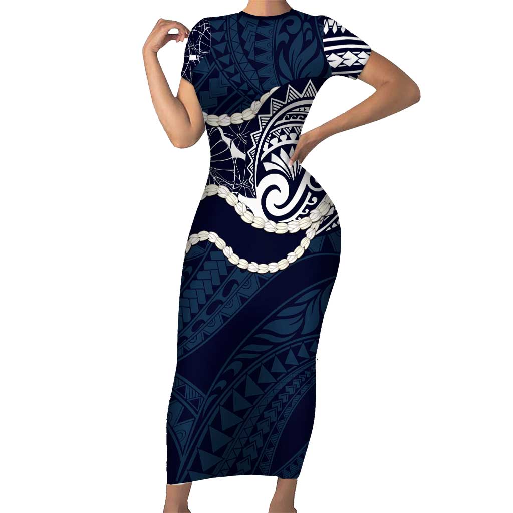 Aloha Hawaii Kalo Pikake Lei Short Sleeve Bodycon Dress Chest Tattoo Oxford Blue Hawaiian Pattern LT14 Long Dress Oxford Blue - Polynesian Pride