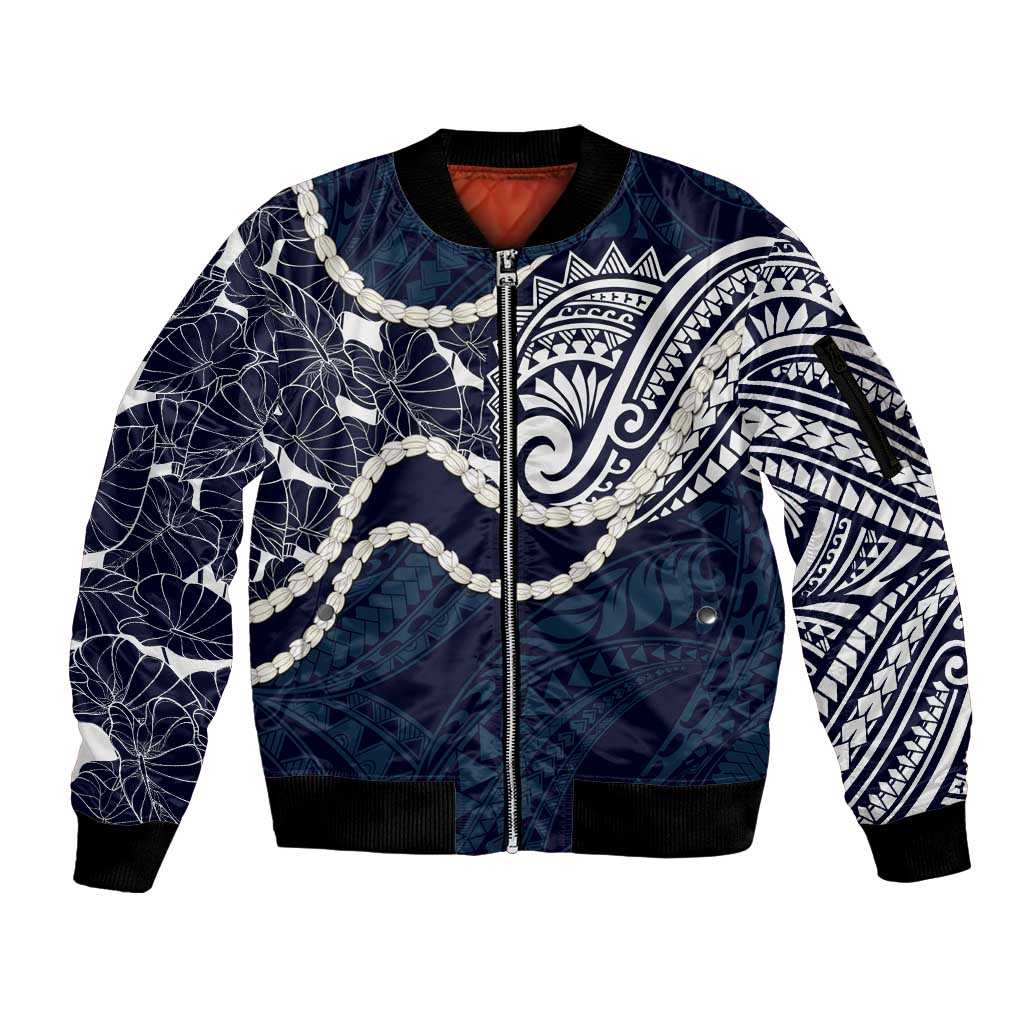 Aloha Hawaii Kalo Pikake Lei Sleeve Zip Bomber Jacket Chest Tattoo Oxford Blue Hawaiian Pattern