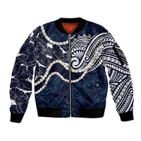 Aloha Hawaii Kalo Pikake Lei Sleeve Zip Bomber Jacket Chest Tattoo Oxford Blue Hawaiian Pattern