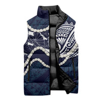 Aloha Hawaii Kalo Pikake Lei Sleeveless Puffer Jacket Chest Tattoo Oxford Blue Hawaiian Pattern