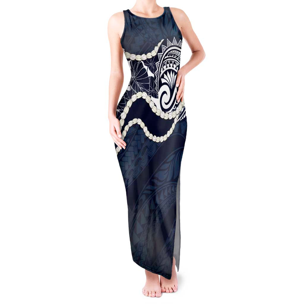 Aloha Hawaii Kalo Pikake Lei Tank Maxi Dress Chest Tattoo Oxford Blue Hawaiian Pattern LT14 Women Oxford Blue - Polynesian Pride