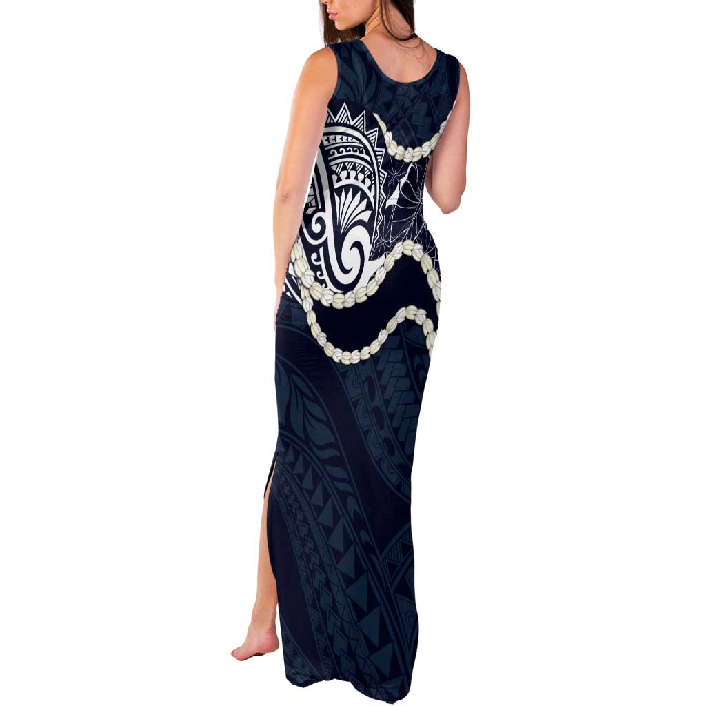Aloha Hawaii Kalo Pikake Lei Tank Maxi Dress Chest Tattoo Oxford Blue Hawaiian Pattern LT14 - Polynesian Pride
